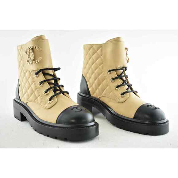 Chanel 20A Black Beige Quilted CC Chain Combat Lace Up Tie Ankle Short Boot 40.5 - Picture 4 of 12